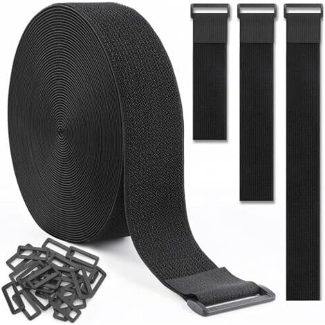 6M Adjustable Reusable Cable Ties with 25 Buckles and Hook Strap for Management Storage (6m x 5cm, Black) - 5cm 6m