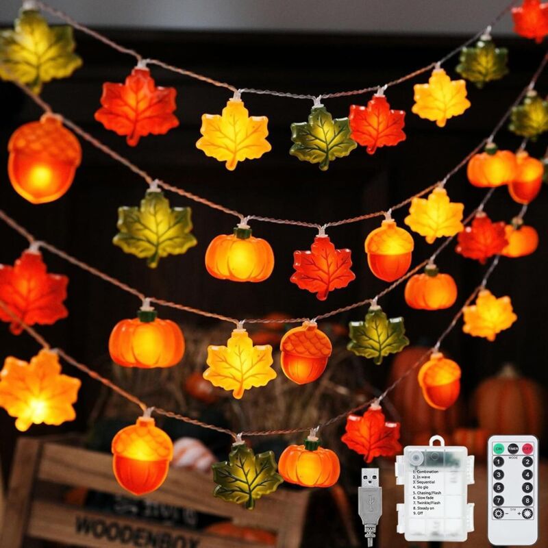6M,40 LED,8modes avec Minuteur,Alimentée par Batterie,Gland et Feuille d'érable,Décoration Intérieure pour la Fête de Thanksgiving,Halloween