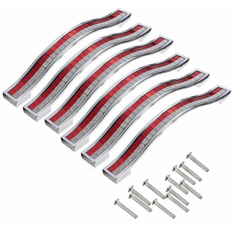 6pcs 96mm Poignée de Porte Cristal Decoration Bouton de Porte Bouton de Meuble Pour Meuble Tiroir Placard Bin Penderie Armoire,Argenté Rouge