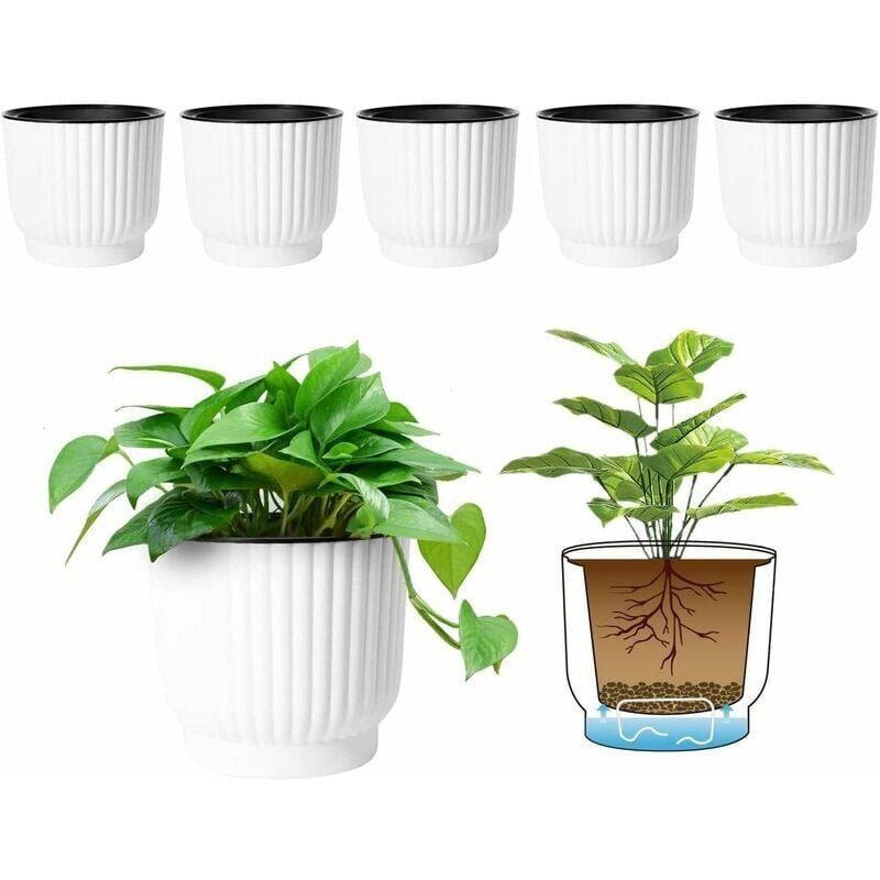 Ahlsen - 6pcs Bac à Fleurs Auto-Irrigation Plastique Rond - Blanc, Pot avec Réserve d'eau Pot avec Système d'Arrosage pour Planter Les Plantes Fleur