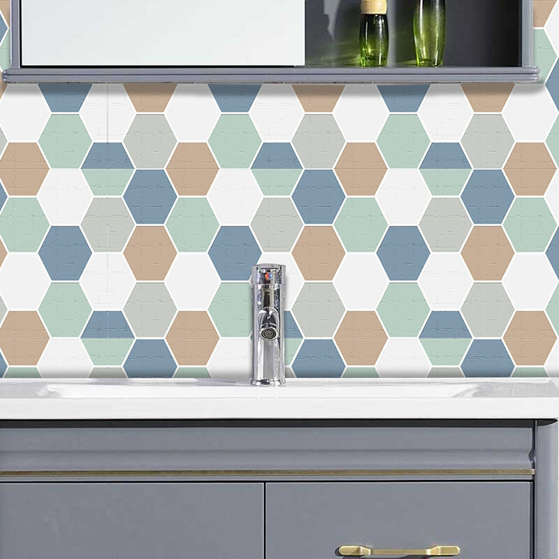 6pcs Blue and Green Hexagon Tiles (20 x 20cm) - Stickers for Kitchen, Living Room, Bathroom and Home Decor pvc