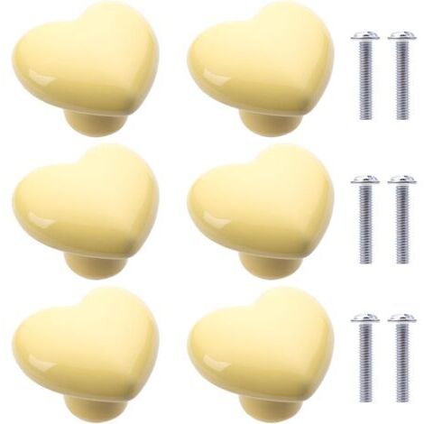 6Pcs Boutons de Placard en Céramique Boutons de Tiroir de Placard en Céramique en Forme de Cœur Poignées pour Armoires de Cuisine de Bibliothèque (Jaune Clair)