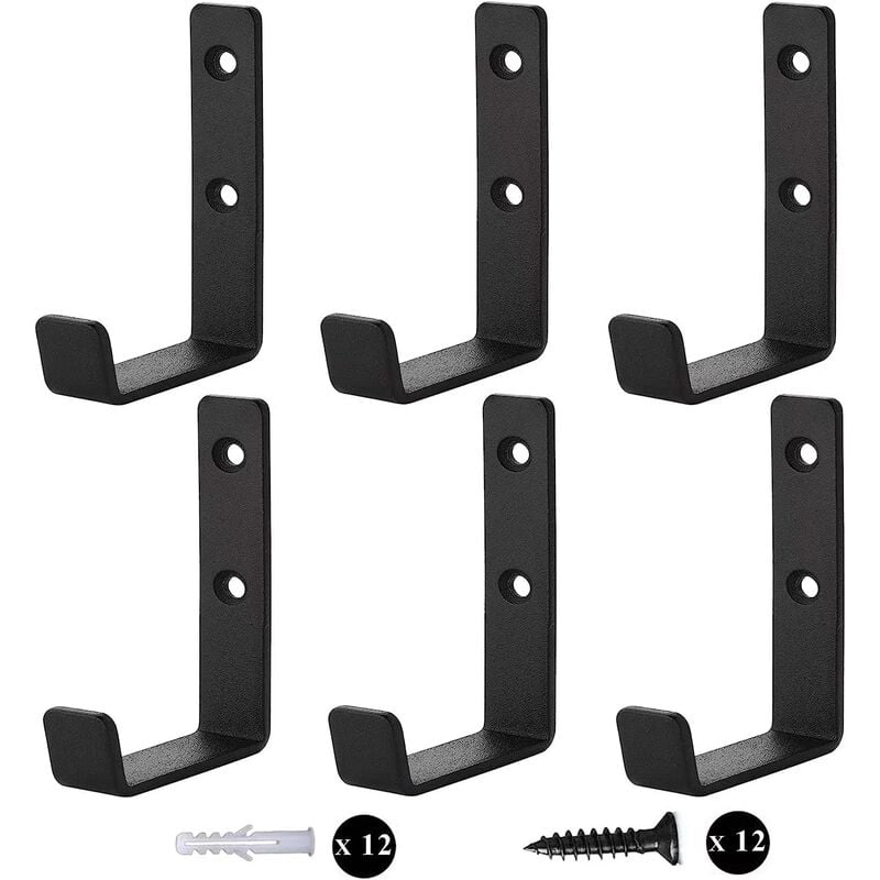 Csparkv - 6Pcs Crochets Muraux Robustes, Crochets en j pour Garage, Crochets Universels Noirs à Visser, Porte-manteaux, Patères Solides, pour