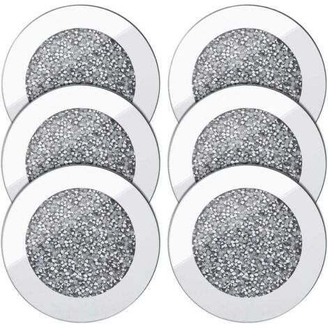 6pcs Dessous de Verre en Verre Miroir 4 Pouces Rond en Verre Concassé Protection Antidérapante pour Tasses à Café/Thé Décor à Maison Ensembles de Bar de Table Accessoires de Cuisine