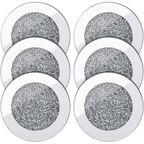 6pcs Dessous de Verre en Verre Miroir 4 Pouces Rond en Verre Concassé Protection Antidérapante pour Tasses à Café/Thé Décor à Maison Ensembles de Bar de Table Accessoires de Cuisine