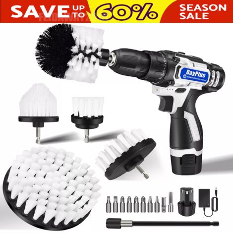 6Pcs Electric Drill Brush Attachment Power Scrubber Cleaner Scrub Cleaning Tools 2xBattery