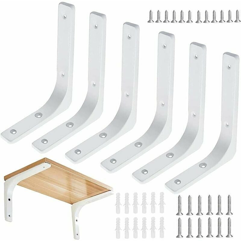 6pcs Equerre Etagere Murale Blanche Equerre Fixation Etagere Support Étagère Murale Métal Equerre Murale Charge Lourde avec Vis pour Déco Cuisine
