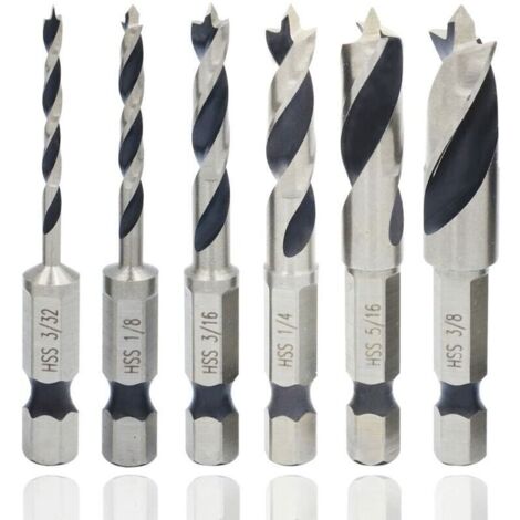 6Pcs Forets à Bois Hélicoïdaux de 1/4" Tige Hex Professional, Mèche Bois Rotative à Queue Hexagonal Impérial, Foret Fraise à Torsion HSS Spiral Trou Cutter pour Perçage de Bois Métal Plastique
