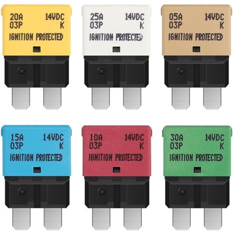 6pcs Fusibles Réarmable Automatique 14V DC - 5A 10A 15A 20A 25A 30A Kit de Fusible Voiture à Réarmement pour Camion, Bateau, Camping-car, Remorque, RV