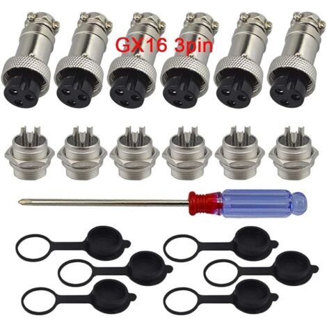 6Pcs GX16 3-Broches Aviation Connecteur, 5A 16mm Mâle & Femelle Métal Panneau Aviation Connecteur Fiche Prise, avec Caoutchouc Capuchon et Tournevis