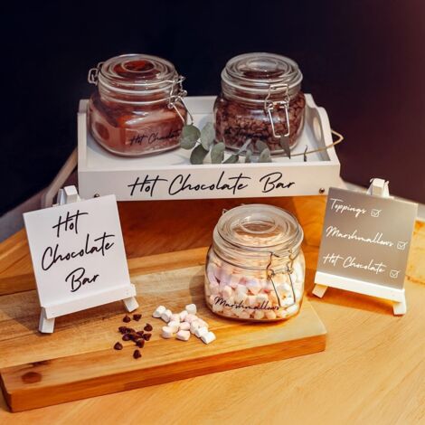 6Pcs Hot Chocolate Station with Easel Kit Air Tight Jars Marshmallow Sprinkels Topping Glass Storage Jars with Lids Airtight Tea Coffee Sugar Canisters First Home
