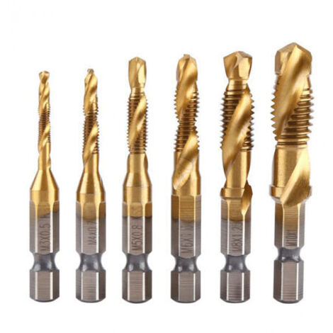 6pcs HSS Foret Taraudeur Jeu de Mèches Combinées en Titane avec 1/4" Tige Hexagonale Tarauds à Filetage Métrique M3-M10 Pour Bois, Laiton, Aluminium et Plastique