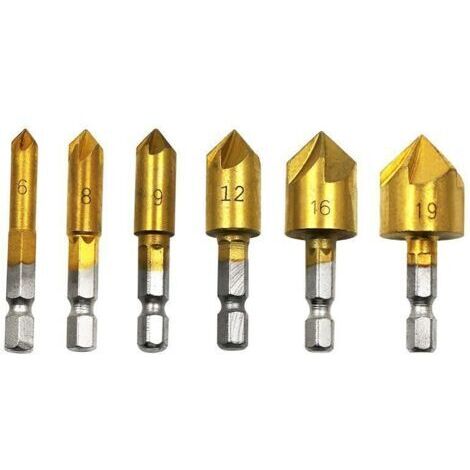 6Pcs HSS Fraise à Chanfreiner 90 Degrés 5 Flûte Fraises à Chanfreiner Trou Tailleur Titane Revêtu Fraise à Chanfreiner 1/4"Foret à Bois Queue Hexagonale 6mm 8mm 9mm 12mm 16mm 19mm Outil de Bricolage