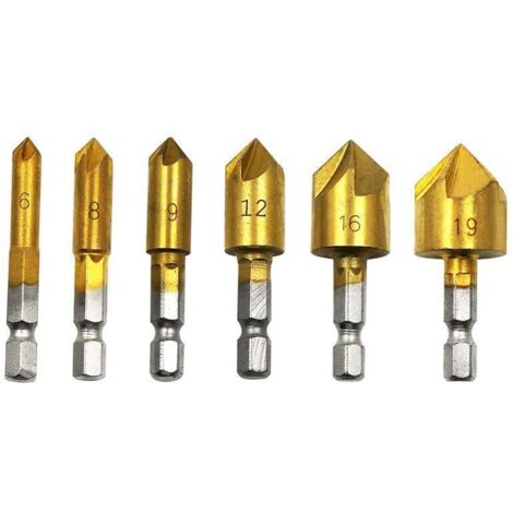 6Pcs HSS Fraise à Chanfreiner 90 Degrés 5 Flûte Fraises à Chanfreiner Trou Tailleur Titane Revêtu Fraise à Chanfreiner 1/4"Foret à Bois Queue Hexagonale 6mm 8mm 9mm 12mm 16mm 19mm Outil de Bricolage
