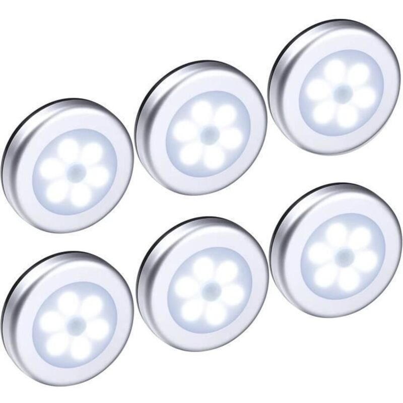 Tuserxln - 6pcs Lampe Détecteur de Mouvement, Veilleuse led sans fil, Lampe de Placard pour escalier, placard, couloir, Argent - Lumière blanch