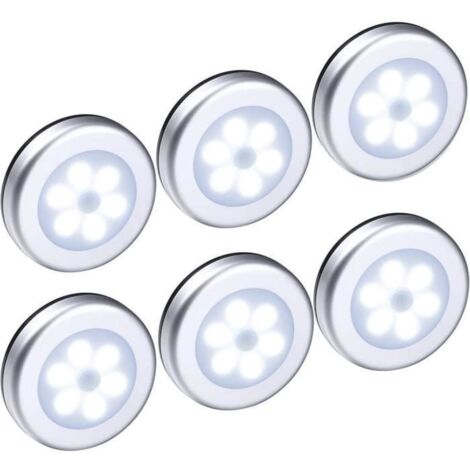 6pcs Lampe Détecteur de Mouvement, Veilleuse LED sans fil, Lampe de Placard pour escalier, placard, couloir, Argent - Lumière blanch