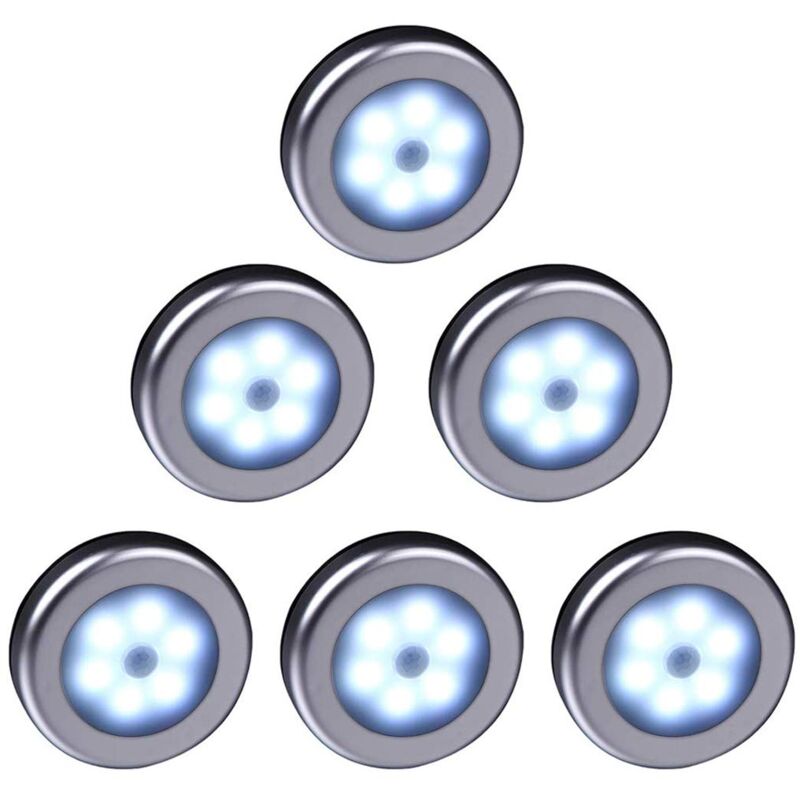 6pcs Lampe led sans fil avec détecteur de mouvement (coquille d'argent lumière blanche)