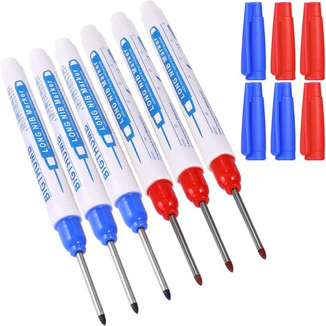 6pcs Marqueurs Trou Profond, Marqueur Charpentier, Stylo Marqueur Indélébile à Pointe Fine de 30 mm, Feutre Permanent pour des Marquages à des Endroits Difficiles d'Accès (Bleu Rouge)