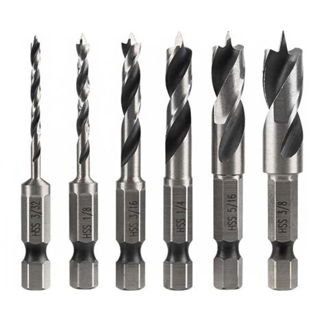 6Pcs Meche Bois à Tige Hex, Jeu de Tige 1/4" Forets HSS Hélicoïdaux pour Bois Métal Plastique et Bosch 6.35MM Hex Tige Rotatives Outil