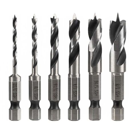 6Pcs Meche Bois à Tige Hex, Jeu de Tige 1/4" Forets HSS Hélicoïdaux pour Bois Métal Plastique et Bosch 6.35MM Hex Tige Rotatives Outil
