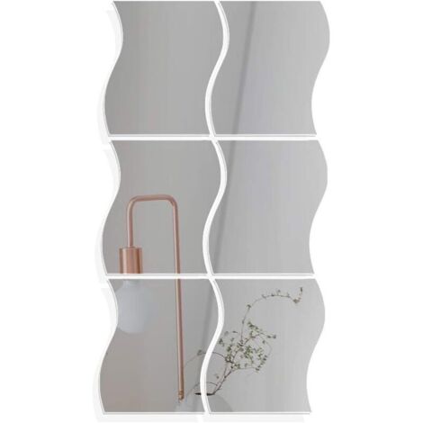 6pcs Miroir Autocollant Mural Argenté Miroir Murale Adhesif Forme en Vagues DIY Decal Miroir de Style pour Décoration Bureau Maison Chambre -14 19cm
