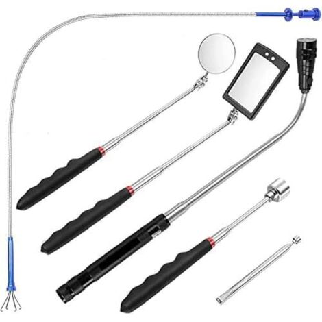6Pcs Outil de Préhension Magnétique, 1.5/4/20lb Ramassage Aimanté et Miroir d'Inspection Carré/Rond, Avec LED lumineuse Poignée Télescopique Pivoter à 360°, Boîte Batterie Inclus -