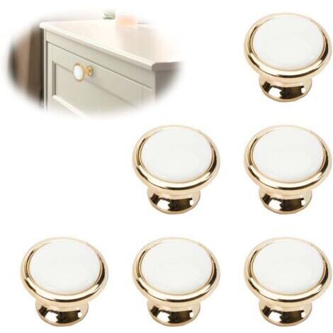 6pcs Poignee de Meuble, Poignee Meuble Dorée Bouton de Porte Blanc, Bouton Porte Placard avec Vis de Montage, Poignee de Porte Ronde Convient Convient Aux Tiroirs Armoires Armoires