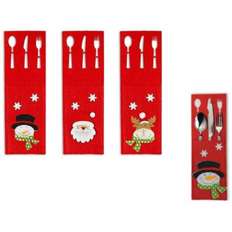 6pcs Porte-couverts De Noël En Feutre Rouge 15x9cm Père Noël Renne Marionnette Relief Noeud