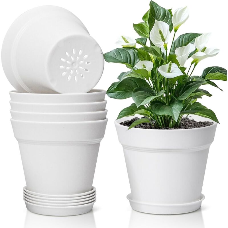 6Pcs Pot de Fleur Blanc de 20 cm en Plastique, Pot de Terre avec Trou d'échappement Convient aux Jardins, Balcon Extérieurs Intérieurs