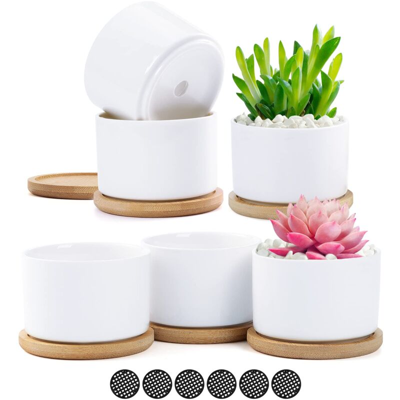 6pcs Pot de Succulent en Céramique Blanc Pots de Fleurs Petit Pot Conteneuravec Plateau en Bamboo pour Fleur Plante Herbe Cadeau pour Mariage Noel