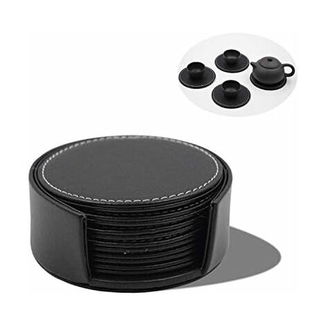 6pcs Round Leather Coasters, PU Leather Coasters for Party Coffee Bar Pub Cup Mat Coasters Coasters with Stand Black-Round SOEKAVIA