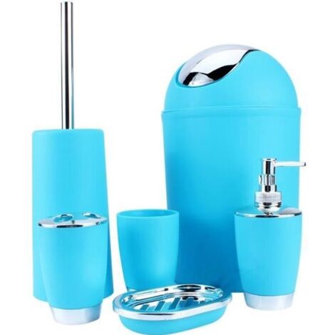 6pcs/set Accessoires de salle de bain Tasse/porte-brosse à dents/porte-savon/bouteille/poubelle/brosse de toilette(bleu)---RAC