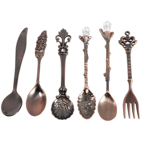 6Pcs/Set Vintage Metal Mini Coffee Spoons and Fork Kitchen Tableware Accessories Red Brass