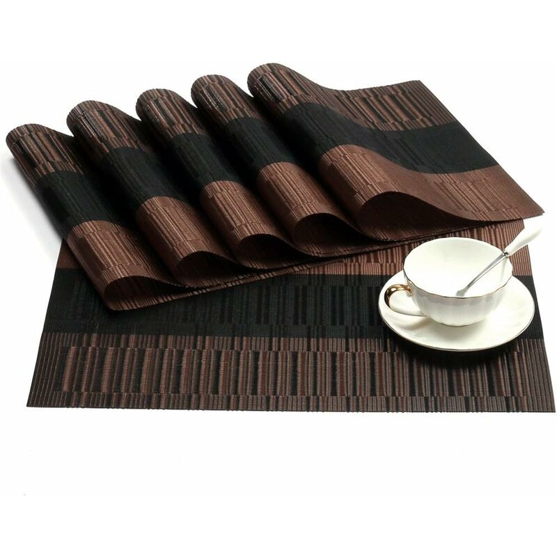 Memkey - 6Pcs Sets de Table Anti-Glissant en pvc Napperon Lavables(45x30cm) Napperons pour Cuisine, Salon, Jardin ou Salle à Manger (Noir-Brun)