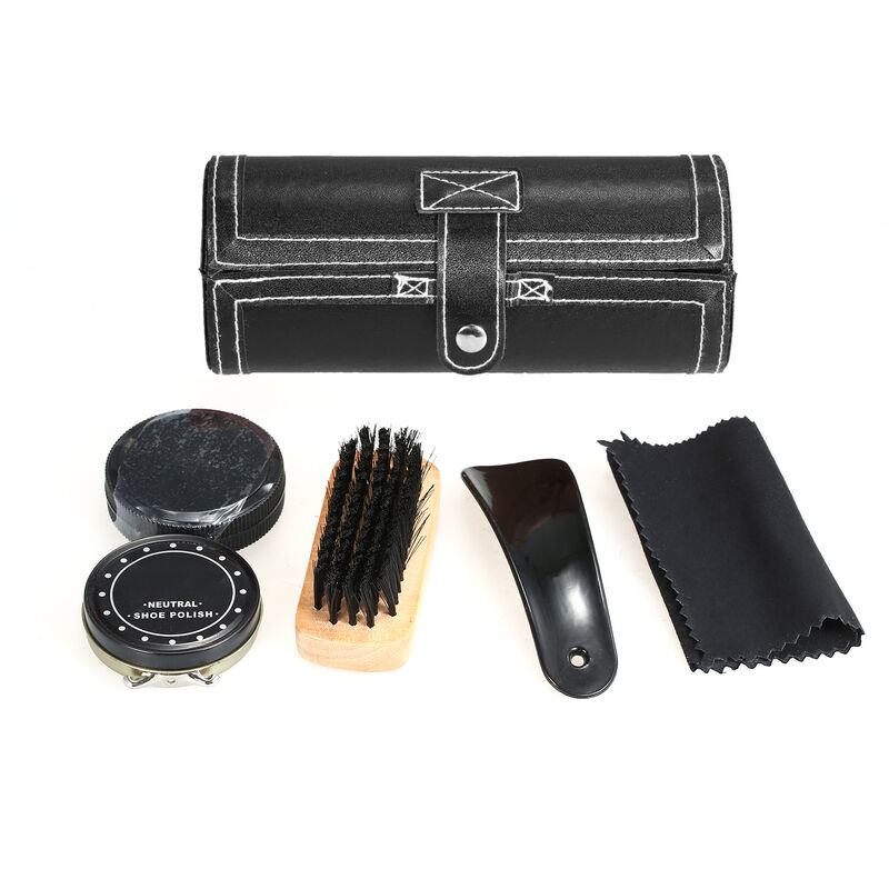 6Pcs Shoe Care Kit Polish Cirer Les Chaussures En Cuir Set Chaussures Brosses Compact Chaussures Nettoyage Kit Cuir Pu, Noir