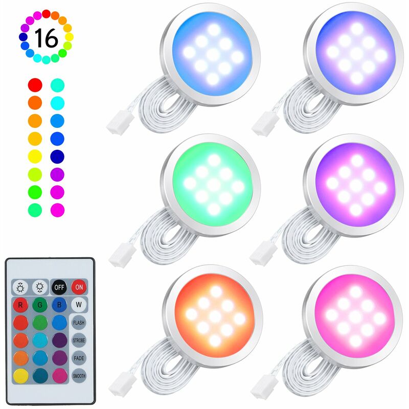 

Happyshopping - 6PCS Slim Forma redonda RGB LED Kit de luz debajo del gabinete SMD5050 Lampara de disco Brillo regulable que cambia de color