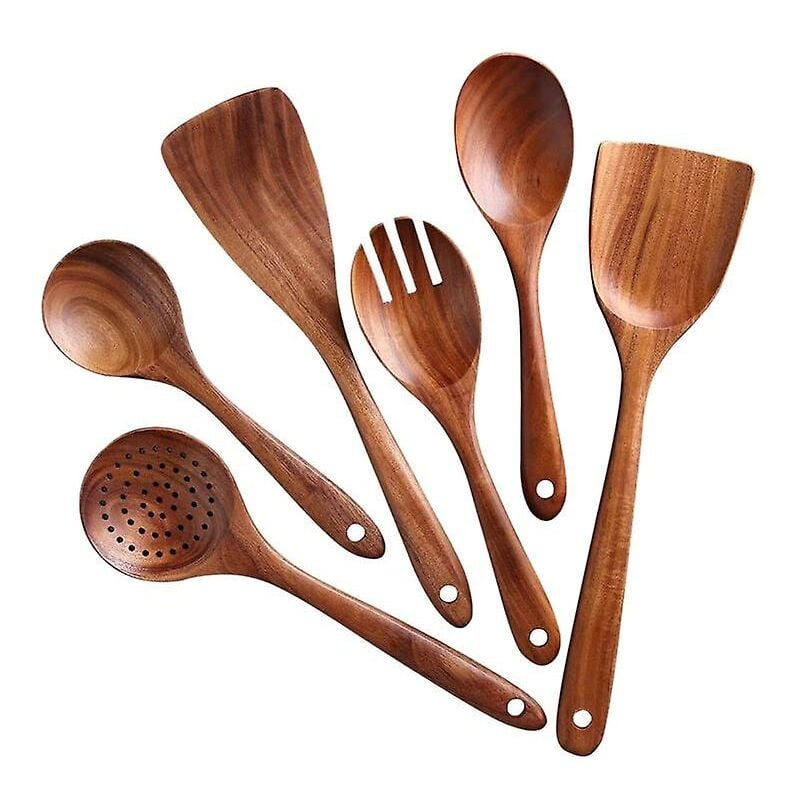6pcs Teck Cuillère en bois massif Spatule Cuisine Cuisine En bois Pelle Vaisselle Ensembles d'outils de cuisson