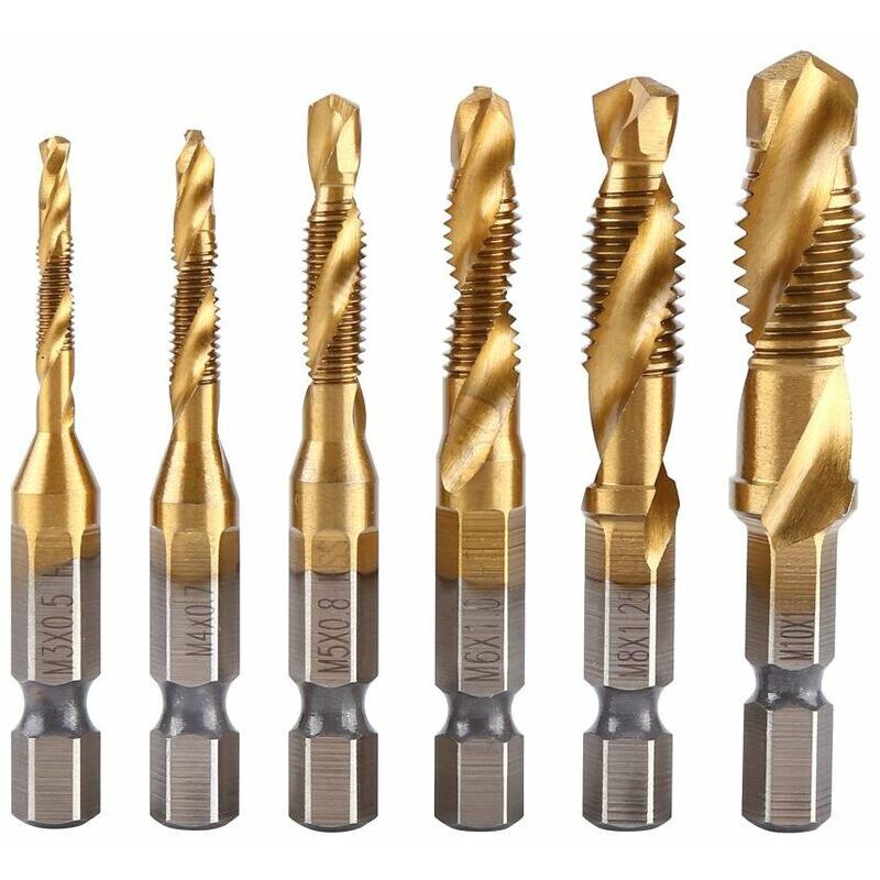 Aiperq - 6pcs Thread Taps, Tap Drill Bit, M3-M10 Metric Thread hss Titanium Coated Tap and 1/4' Hex Shank Fluted Tapping Bits for Tapping Various