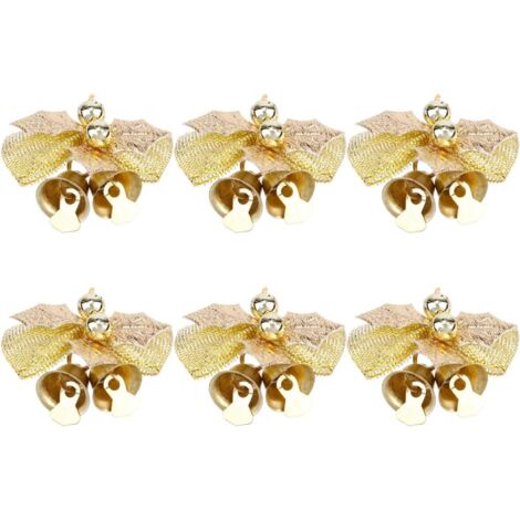 6Pcs Weihnachtsbögen mit Glocken Mini Bowknot Ornament Handwerk Geschenk Bögen Urlaub Baumdekoration (Gold)