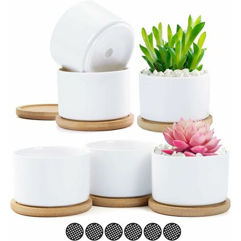 6pcs White Ceramic Succulent Pot Flower Pots Small Container Pot with Bamboo Tray for Flower Plant Grass Gift for Wedding Christmas Birthday