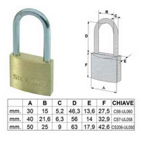 6PZ LUCCHETTO OTTONE ARCO LUNGO - mm.40