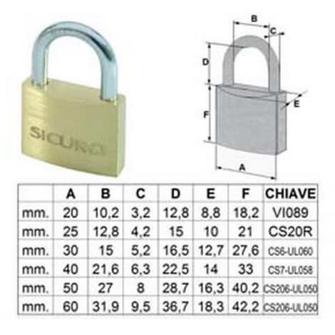 6PZ LUCCHETTO TIPO PESANTE OTTONE ARCO NORMALE - mm.30