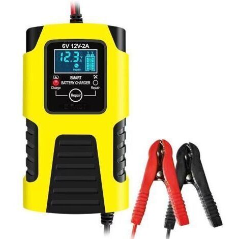 6V 12V 2A JauneChargeur 12 V 6 A pour batteries de voiture, batteries de moto et chargeur intelligent 12 V compatible avec les batteries au plomb-acide