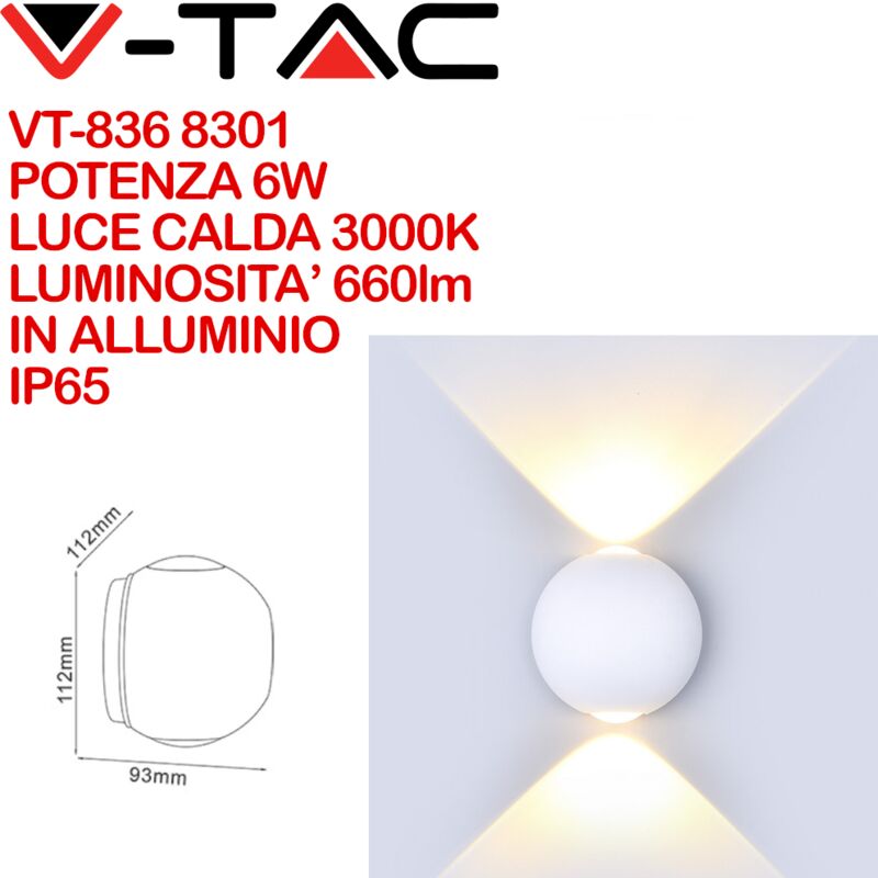 Image of V-tac - VT-836 8301 Lampada led da Muro Sferica 6W Doppio Fascio Luminoso Colore Bianco 3000K IP65