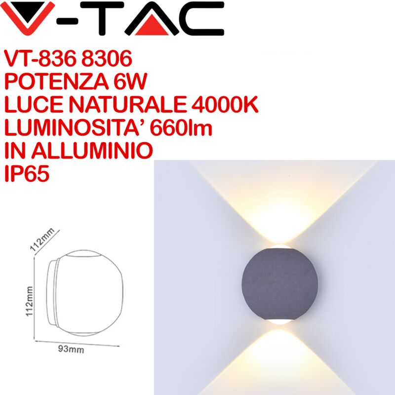 Image of V-tac - VT-836 8306 Lampada led da Muro Sferica 6W Doppio Fascio Luminoso Colore Grigio 4000K IP65