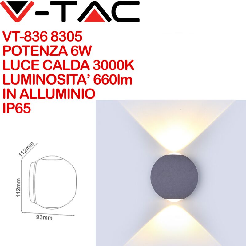 Image of V-tac - VT-836 8305 Lampada led da Muro Sferica 6W Doppio Fascio Luminoso Colore Grigio 3000K IP65