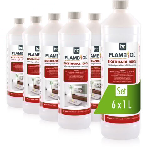 HÖFER CHEMIE GMBH 6x 1 L FLAMBIOL® Bioethanol Hochrein 100 % in Flaschen für Edelstahl-Tisch-Kamine