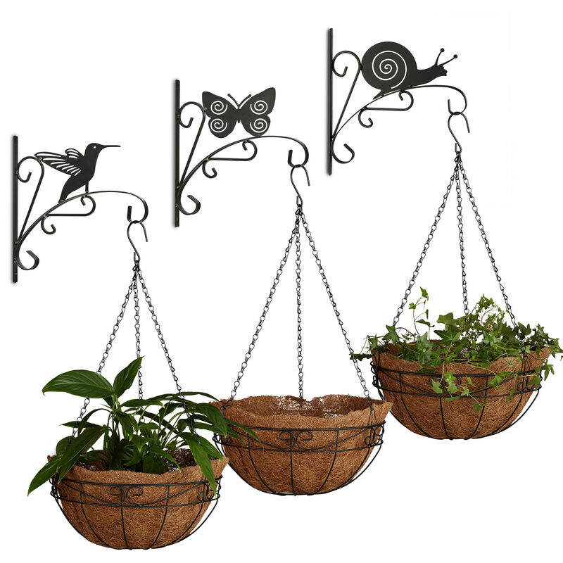 Relaxdays - 6-piece Flower Set, 3 Decorative Flower Hooks With Animal Motifs, 3 Hanging Baskets, Wall Hooks, Plant Holder