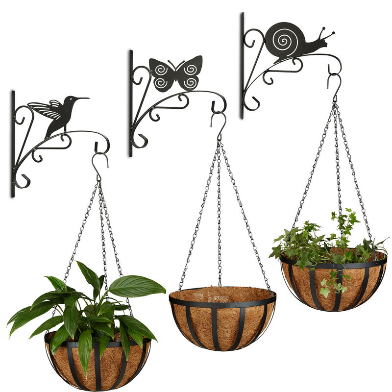 Relaxdays 6-piece Flower Set, 3 Decorative Animal Hooks, Hanging Plant Holder, 3 Baskets, Wall Hooks, Wall Bracket