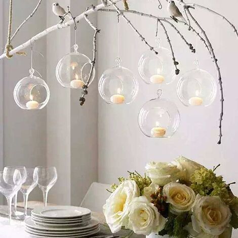6X Bougeoirs à Thé en Verre Suspendus, Restaurant de Mariage aux Chandelles de Décoration Romantique, Boule de Verre de Décoration de la Maison, Bougeoirs en Cristal de Décorations de Nol/Anniversaire